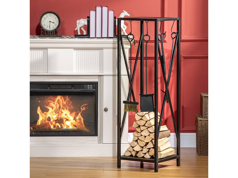  Serviteur de cheminée avec range-bûches, colonne en métal noir, 34 x 34 x 111 cm  - Conforama C
