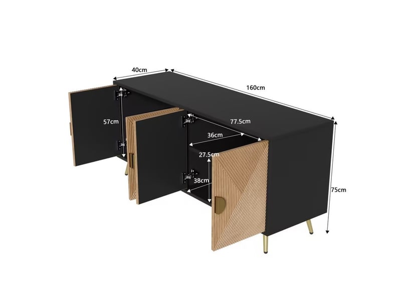  Buffet cuisine, avec quatre portes, 160 x 40 x 75 cm, dorées brossées et pieds brillants, armoire, meuble de rangement pour salon, salle à manger et cuisine  - Conforama C