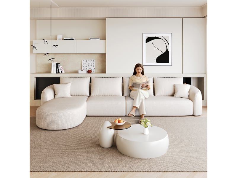 Canapé d’angle gauche en l 5 places 336x168x85 cm, modulable sans structure en mousse compressée, sans montage, salon chambre, chenille, blanc Sol Morn - Conforama E