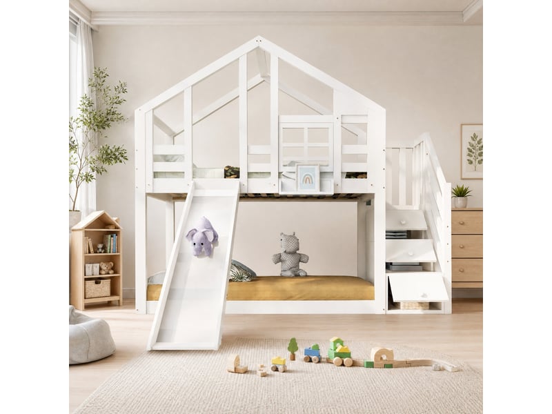  Lit superposé enfant cabane 90x200 cm avec toboggan et rangements, blanc  - Conforama D