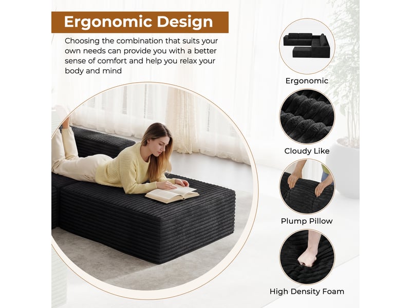  Canapé d'angle 4 places modulaire en velours côtelé avec 1 pouf,canapé compressé,sans assemblage,404x202x82cm,noir 404x202x82CM - Conforama D