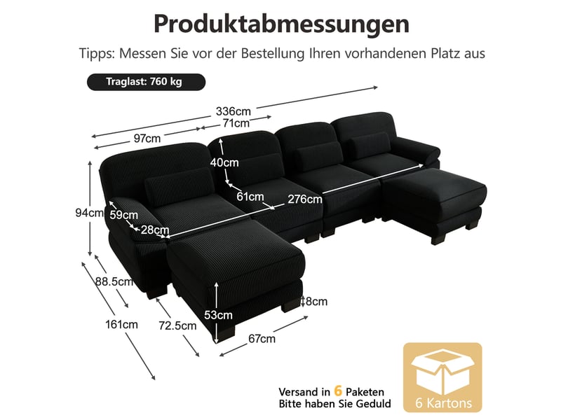 Canapé modulable en u 4 places 336 x 161 x 94 cm, avec 2 poufs, assise profonde, coussins épais, velours côtelé noir - Conforama C