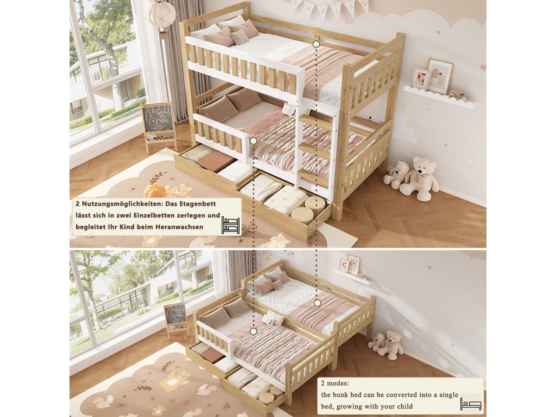  Lit superposé enfant 90x200 cm - 2 lits simples séparables - 2 tiroirs - pour chambre d’enfant - bois - blanc et naturel  - Conforama D