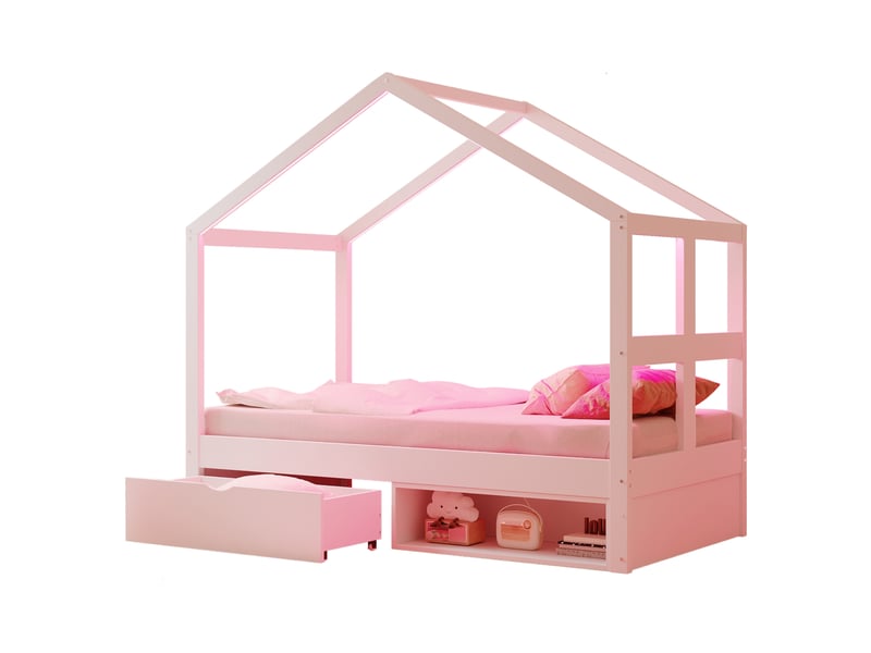  Modenvie lit cabane 90x190 cm - rangement avec tiroir, eclairage led multicolore, sommier inclus - blanc  - Conforama A