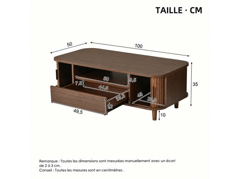  Table basse de salon avec rangement, 1 tiroir et 2 portes à rideau, 100 × 50 × 35 cm, couleur noyer  - Conforama C