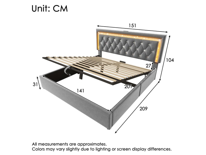  Lit capitonné 140x200 cm en velours, led et usb type-c, coffre hydraulique, coloris gris, livré sans matelas  - Conforama B