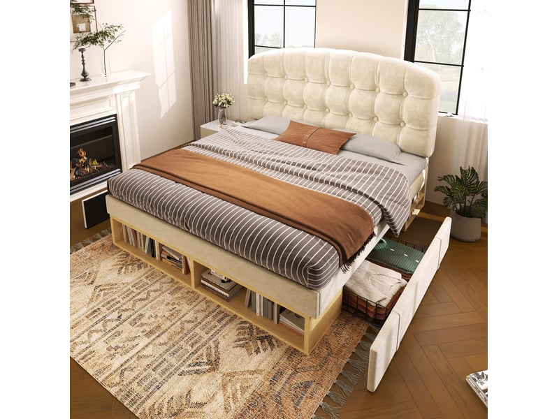  Modenvie lit simple capitonné 90x200 cm - tête de lit réglable, rangement intégré, sans matelas - beige  - Conforama B