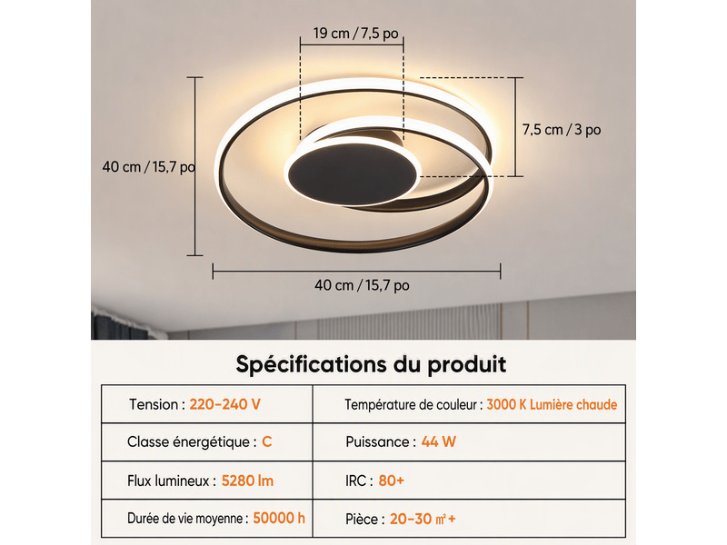  Plafonnier led spiralé à éclairage latéral, d40 x h7,5 cm, lampe de plafond 44 w 3842 lm, noir sable, 3000 k blanc chaud, salon, chambre, cuisine  - Conforama C