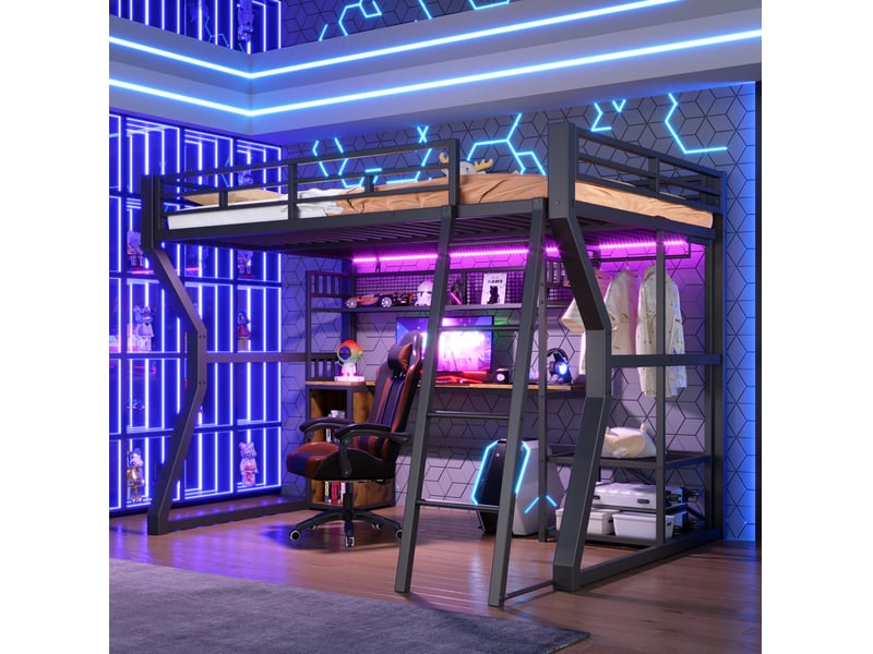 Lit mezzanine 140 x 200 cm en métal et mdf avec bureau, éclairage, prise, noir - Conforama D