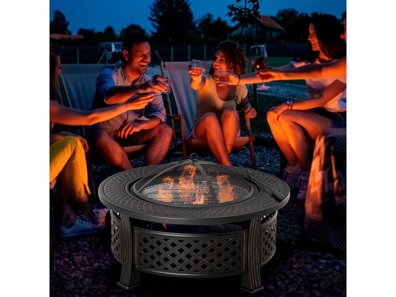  Braséro rond en acier noir (81 x 81 x 50 cm) avec tisonnier et pare-étincelles – idéal pour jardin, camping et barbecue.  - Conforama C