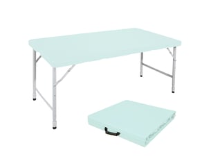 Table de jardin pliante bleue 125 x 61 cm, hauteur réglable 58 à 74 cm, avec poignée, charge 135 kg