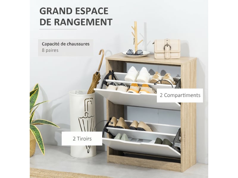  Meuble à chaussures 8 paires, armoire à chaussures étroite, 2 tiroirs rabattables, chêne et blanc  - Conforama D