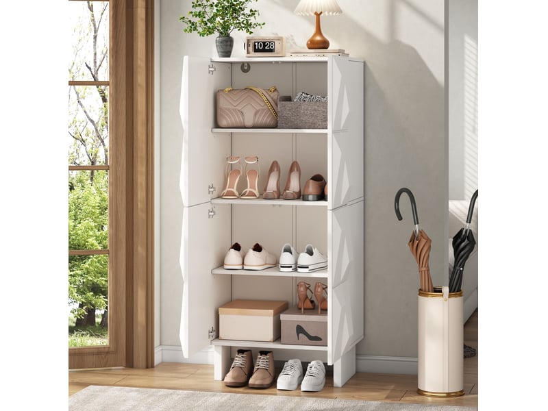  Meuble à chaussures buffet haut 60,5x34x135,5 cm 4 portes, relief décoratif, 4 niveauxrangement, panneau de particules blanc  - Conforama D