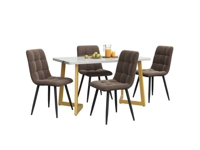  Ensemble table et 4 chaises moderne, plateau mdf blanc effet marbre et sièges en velours marron confortables  - Conforama A