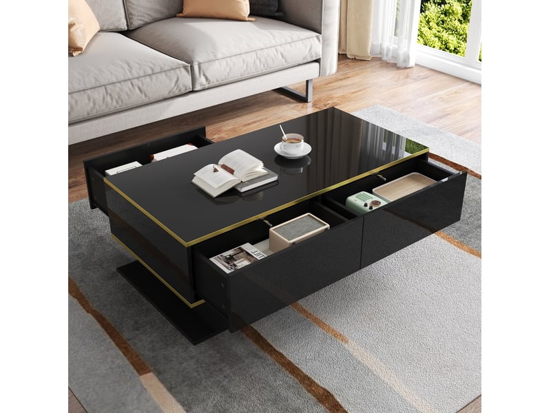  Table basse moderne 100x50x40 cm avec led, 3 tiroirs, finition brillante, pour salon, panneau de particules, noir et or  - Conforama D