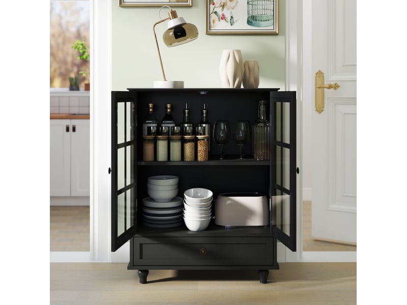  Buffet bas 71x38x93 cm avec 2 portes en verre de sécurité trempé et 1 tiroir en mdf couleur noir, moderne  - Conforama E