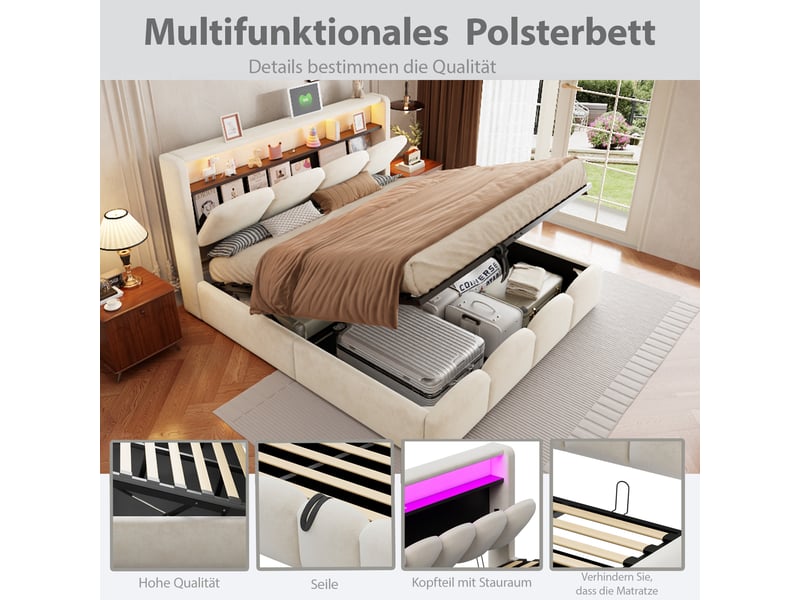 Lit coffre 140 × 200 cm 2 places avec rangement en tête de lit, usb, type-c et led, sans matelas, velours beige - Conforama E