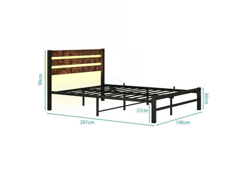  Lit métal 120 × 200 cm 2 places avec led rgb, rangement sous le lit et tête de lit, sans matelas, brun antique  - Conforama D