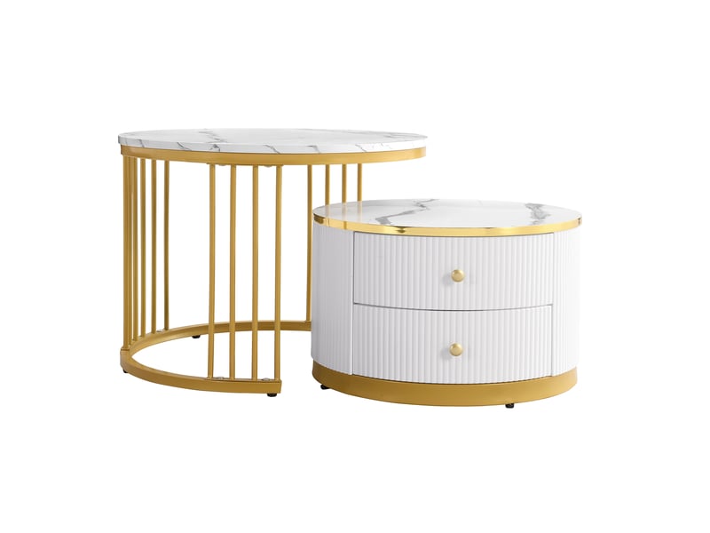  Table basse - lot de 2 gigognes - plateau marbre - pieds doré - ø60ø50 x h45,532 cm  - Conforama A