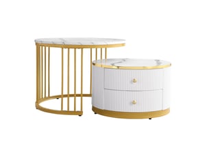 Table basse - lot de 2 gigognes - plateau marbre - pieds doré - ø60ø50 x h45,532 cm