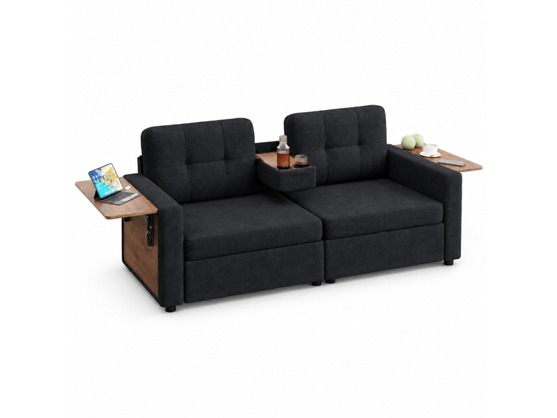  Canapé 2 places 178 x 71 x 57,5 cm, assise réglable, 2 rangements, tablette rabattable pour ordinateur, porte-gobelets, chenille, noir OMNIGLINT TRADING LTD - Conforama A
