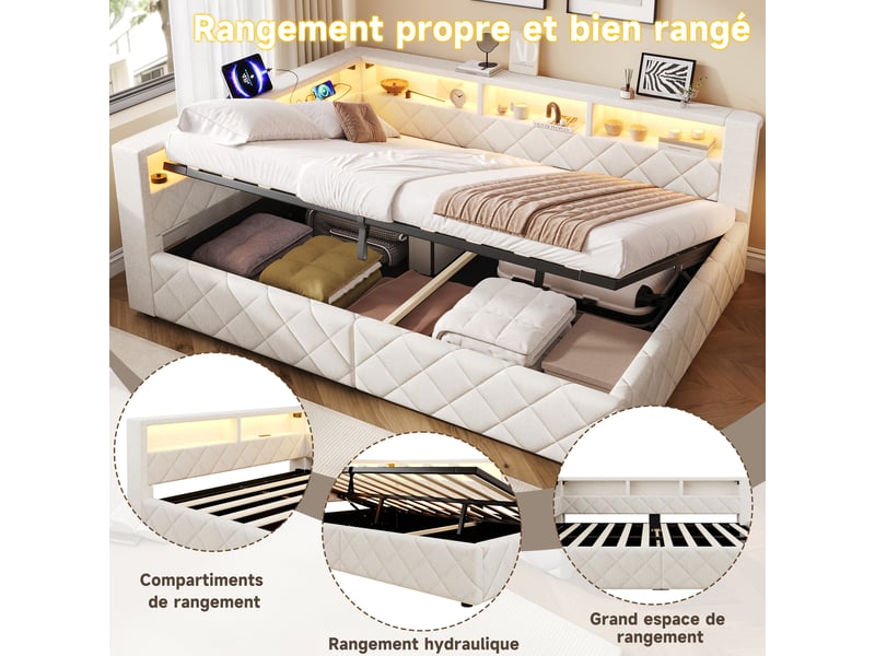 Canapé-lit coffre 140 x 200 cm - avec bande lumineuse led - avec port usb - beige (matelas non inclus)  - Conforama R