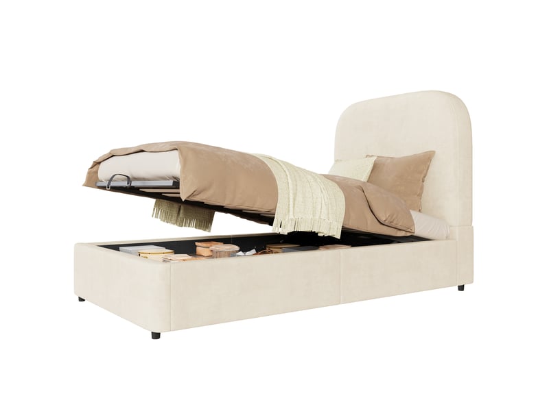  Lit enfant 90x190 cm avec rangement hydraulique, sommier à lattes, tête de lit rembourrée, velours beige  - Conforama A