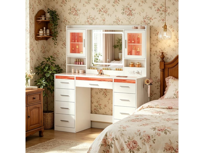  Coiffeuse moderne avec plateau en verre trempé, bureau maquillage avec rangements ouverts, meuble élégant multifonctionnel  - Conforama D