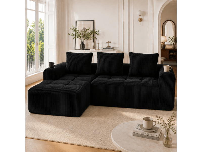  Canapé modulable en velours avec 3 coussins, poche latérale et porte-gobelet intégré  - Conforama R