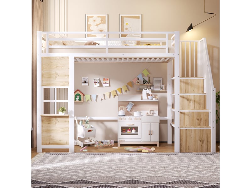 Lit superposé 90x200 cm, lit enfant, rangement, échelle sécurisée, barrière antichute, bois et métal blanc  - Conforama D