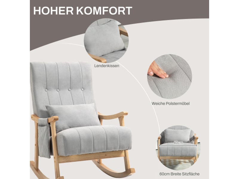  Fauteuil à bascule rembourré gris, coussin lombaire, poche latérale, cadre bois, aspect lin, salon et chambre  - Conforama B