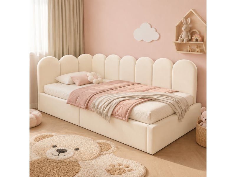  Lit banquette 90 x 200 cm avec rangement hydraulique et côtés interchangeables, sommier métallique, velours beige  - Conforama B