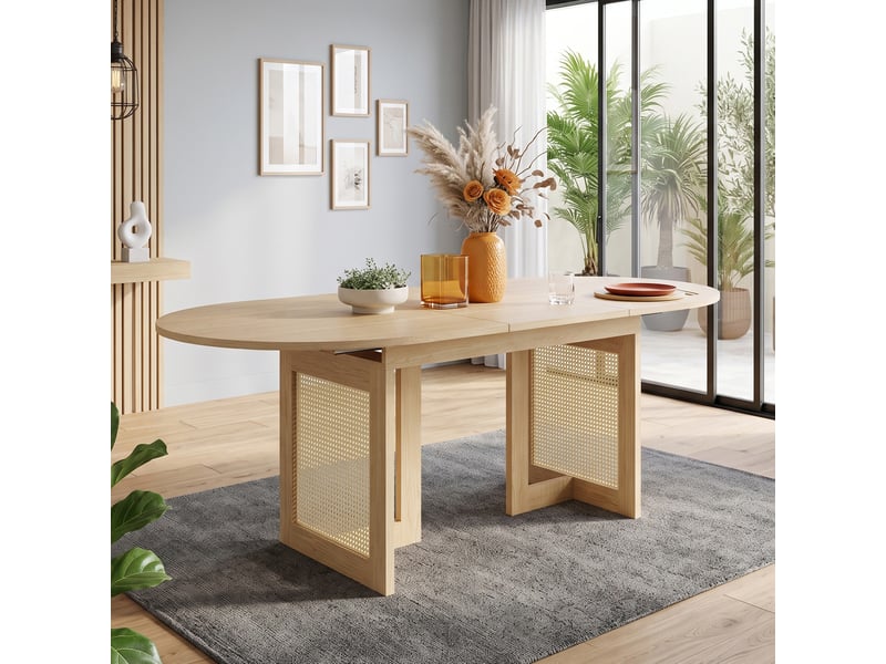 Table de salle à manger pour 6 à 8 personnes avec allonge, coins arrondis, pieds en rotin, mdf chêne clair - Conforama D