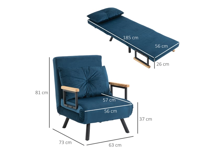  Fauteuil convertible,63x73x81 cm,avec dossier réglable,velours,bleu  - Conforama C