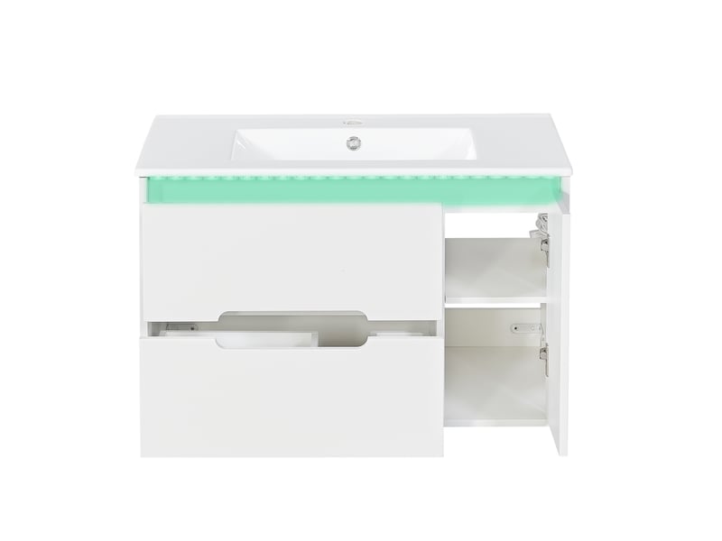  Meuble vasque mural blanc 81 cm avec lavabo céramique, led, portes soft-close et étagères réglables  - Conforama A