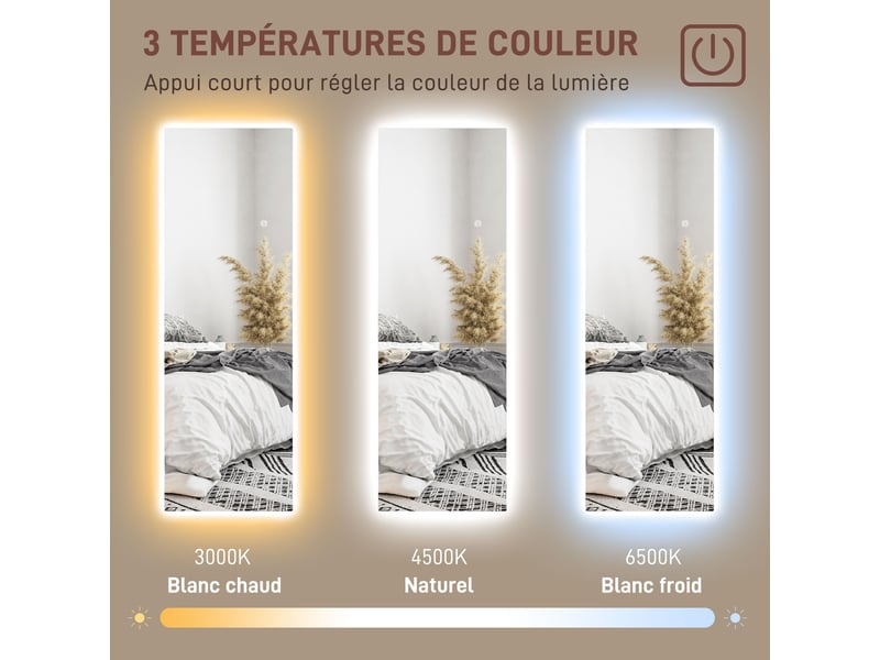  Grand miroir mural led miroir pleine longueur 3 couleurs de lumière réglables fonction mémoire 120 x 40 cm transparent  - Conforama R