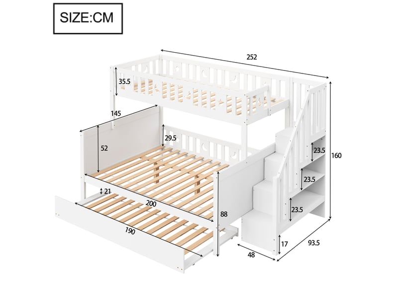  Lit superposé enfant 90x200 cm et 140x200 cm avec escalier de sécurité et lit gigogne mdf bois blanc sans matelas  - Conforama C