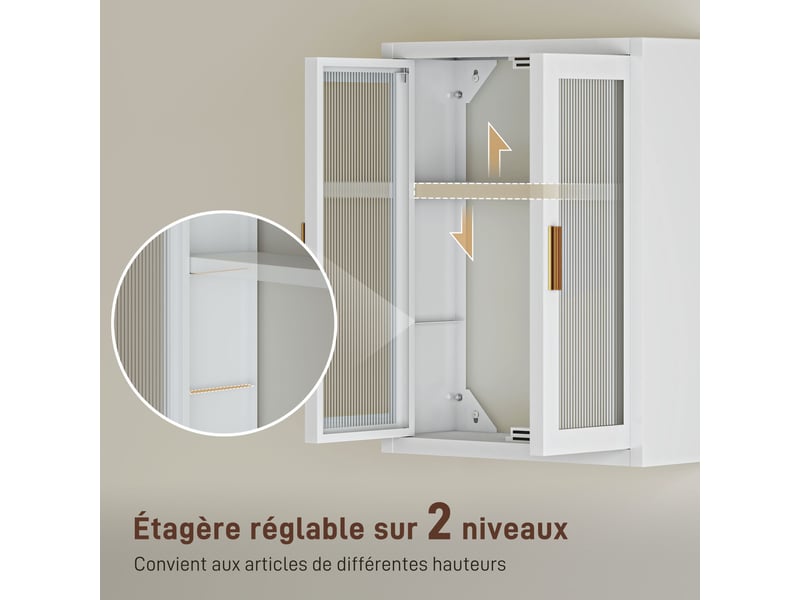  Armoire murale de salle de bain, meuble haut salle de bains avec 2 portes cannelées, étagère réglable, 40x14x50cm, blanc  - Conforama E
