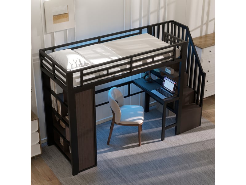  Lit mezzanine 90x200 cm avec bureau, rangements et led, noir  - Conforama D