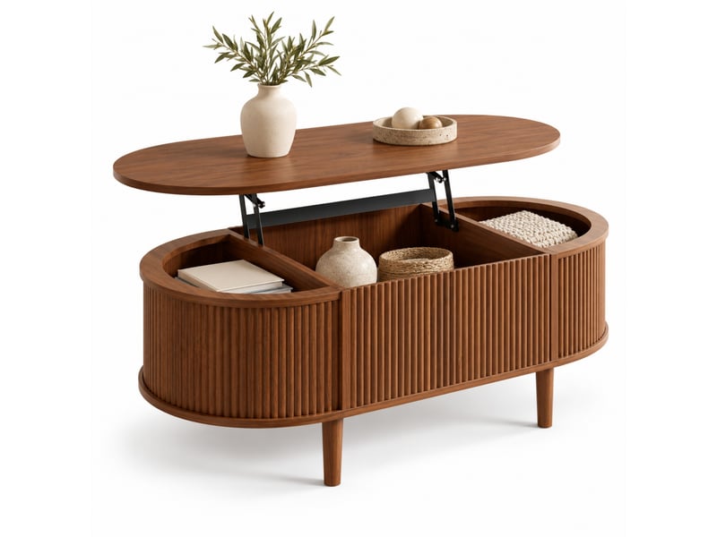  Table basse ovale relevable 100x48x54,5 cm avec plateau réglable, rangement caché, effet ondulé, noyer  - Conforama A