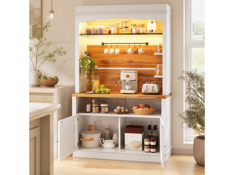  Buffet haut modenvie set de 2, 184 cm, led rgb, avec étagère en verre et barre à crochets, mdf et métal, blanc  - Conforama B