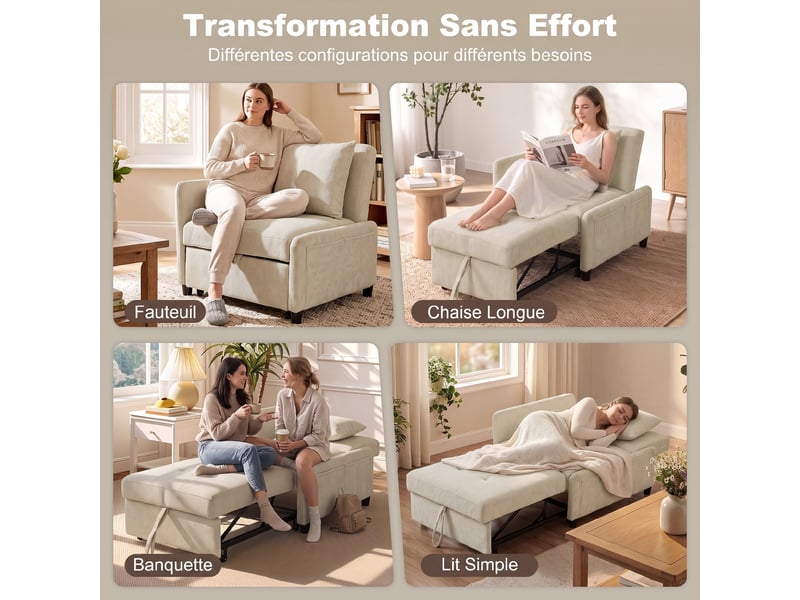  Fauteuil convertible 1 place en chenille beige 89,5x72,5x83 cm  - Conforama D