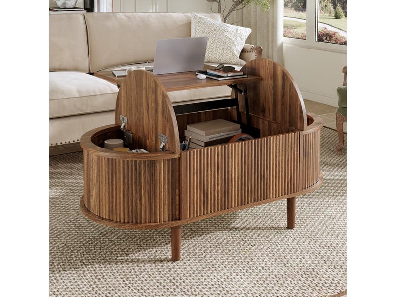  Table basse ovale relevable 100x48 cm avec rangement, coloris noyer  - Conforama E