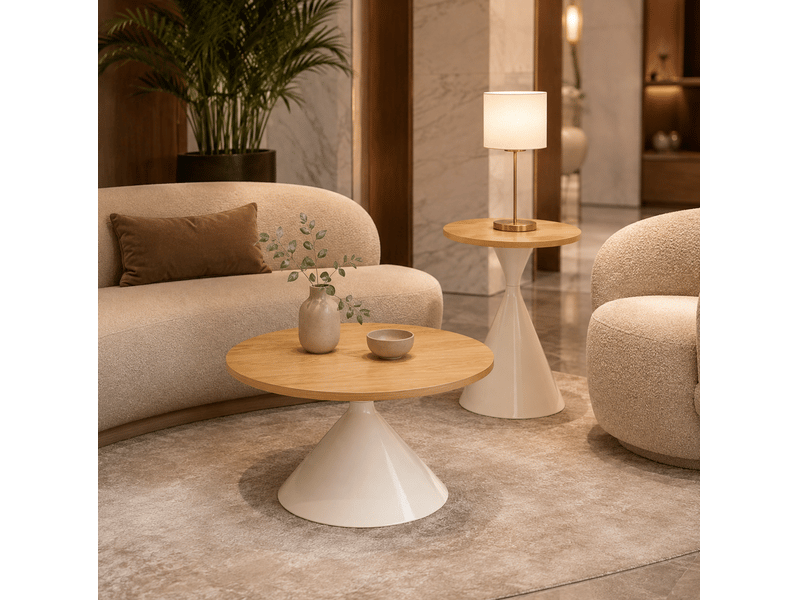  Set de 2 tables rondes ø70x40 cm et ø50x55 cm en mdf et métal coloris naturel et blanc  - Conforama D
