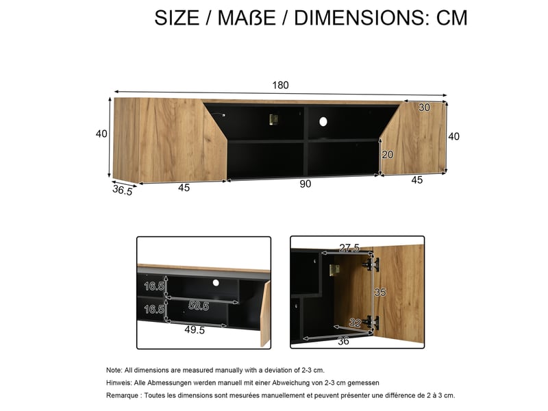  Meuble tv mural avec led rgb bluetooth noir et bois, 180x36,5x40 cm  - Conforama C