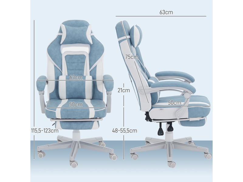 Fauteuil de jeu inclinable avec hauteur réglable, repose-pieds rétractable, soutien lombaire et appui-tête amovible - bleu - Conforama D