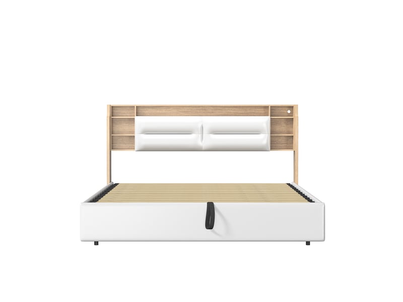  Lit double coffre - 160 x 200 cm - blanc - similicuir pu, tête de lit de rangement, dossier rembourré et vérins hydrauliques  - Conforama E
