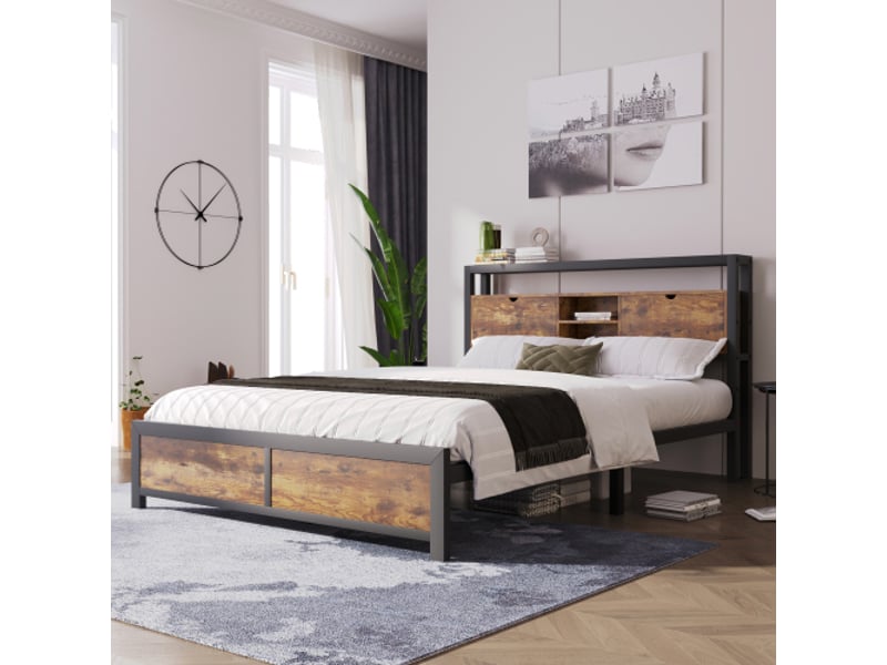 Lit double 140x200 cm avec rangement et tête de lit - cadre métal noir industriel - Conforama B