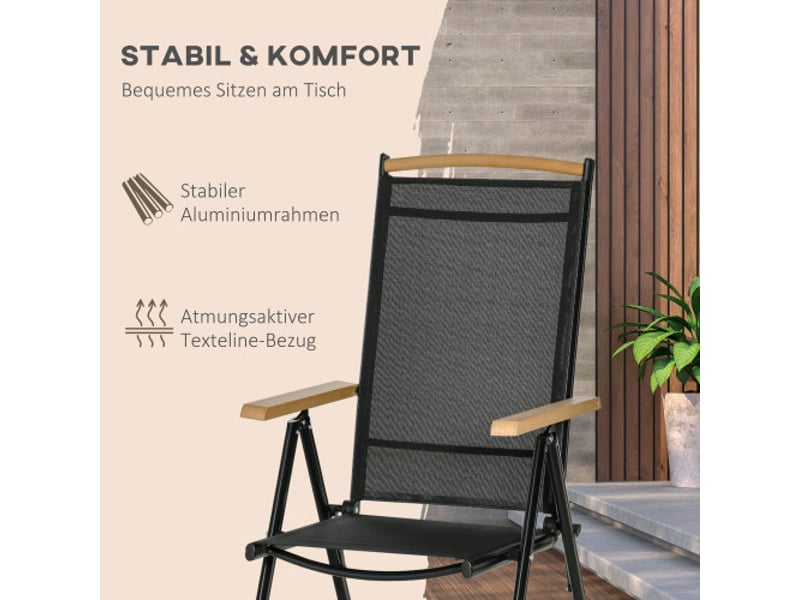  Salon de jardin pliable 6 personnes, table + 6 chaises, aluminium, maille, noir  - Conforama D