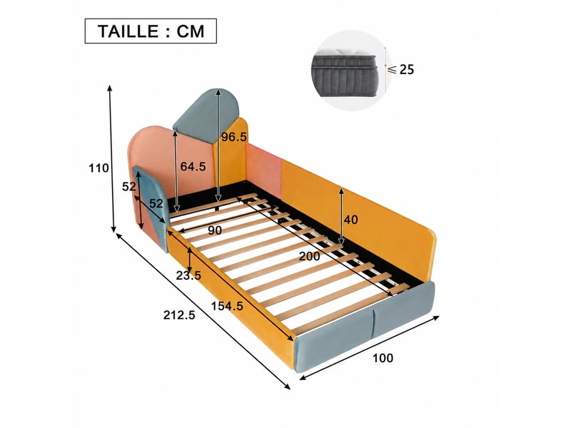  Lit enfant simple en velours bleu multicolore avec côtés surélevés et rembourrage, 90×200 cm, sans matelas  - Conforama D